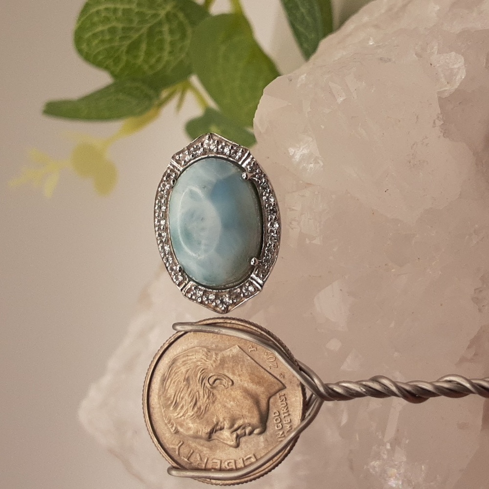 925 Genuine Larimar And White Topaz Ring. - Picture 6 of 7